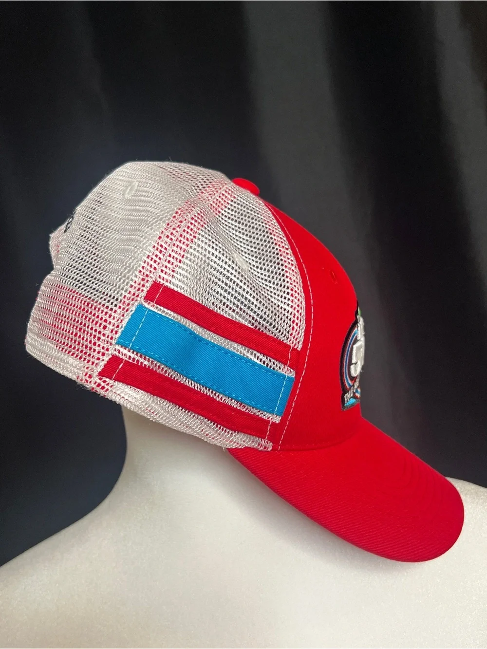 Three Stripe Daytona 500 Nascar Red and White Mesh Racing Trucker SnapBack Hat